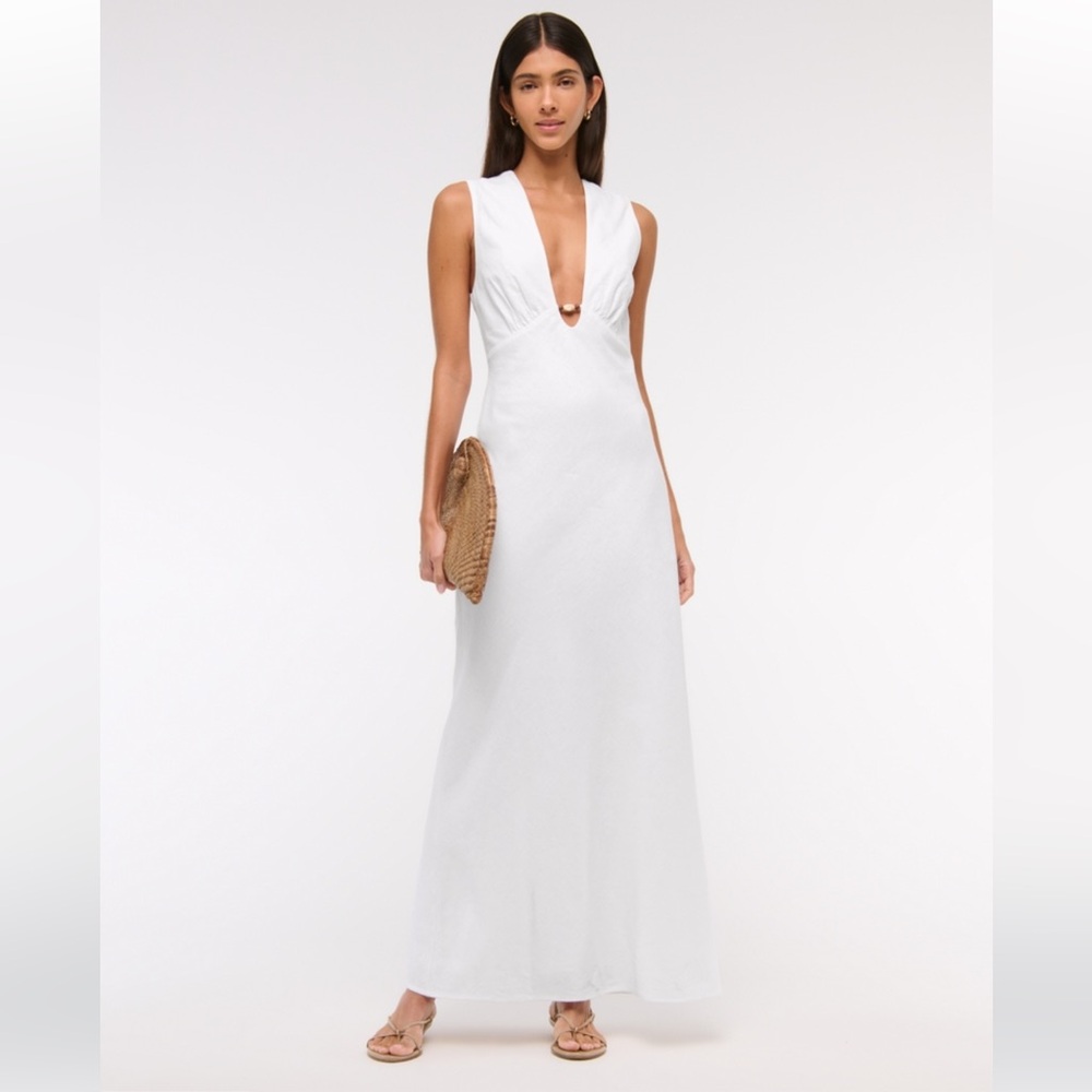 Beaded Plunge Linen-Blend Maxi Dress